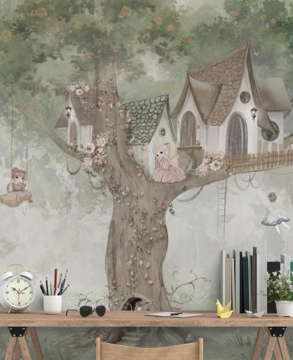 mural verde de hadas para niños llamado Treehouse Imagination de Ms. Tiff para guarderías y dormitorios infantiles