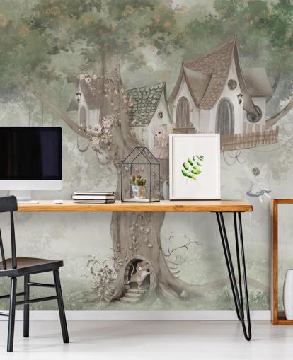 green kids fairy wallpaper mural called Treehouse Imagination by Ms. Tiff for nurseries and children's bedrooms