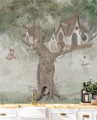 green kids fairy wallpaper mural called Treehouse Imagination by Ms. Tiff for nurseries and children's bedrooms