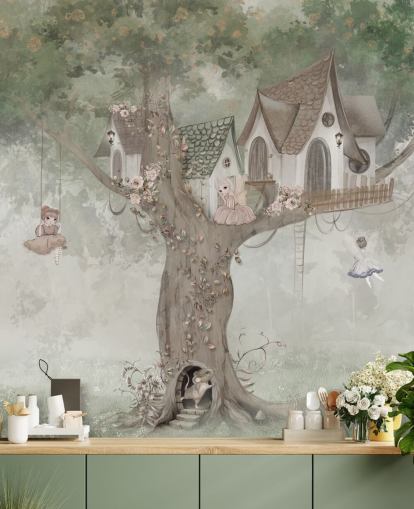groene sprookjesachtige muurschildering voor kinderen genaamd Treehouse Imagination van Ms. Tiff voor kinderdagverblijven en kinderkamers groene sprookjesachtige muurschildering voor kinderen genaamd Treehouse Imagination van Ms. Tiff voor kinderdagverblijven en kinderkamers