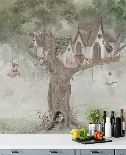 mural verde de hadas para niños llamado Treehouse Imagination de Ms. Tiff para guarderías y dormitorios infantiles
