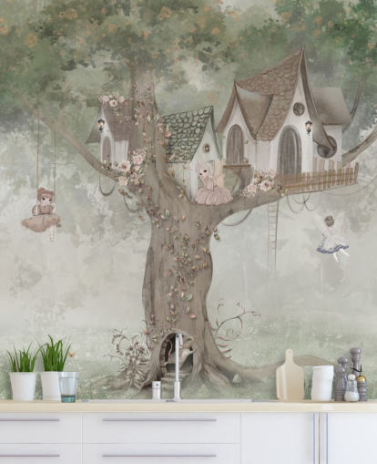 Carta da parati murale con fata verde per bambini chiamata Treehouse Imagination di Ms. Tiff per asili nido e camerette Carta da parati murale con fata verde per bambini chiamata Treehouse Imagination di Ms. Tiff per asili nido e camerette