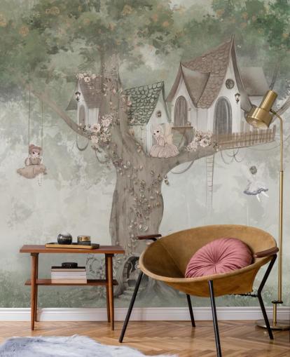 green kids fairy wallpaper mural called Treehouse Imagination by Ms. Tiff for nurseries and children's bedrooms