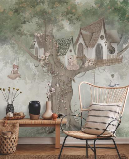 grüne Feentapete für Kinder namens Treehouse Imagination von Ms. Tiff für Kinder- und Kinderzimmer