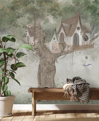 mural verde de hadas para niños llamado Treehouse Imagination de Ms. Tiff para guarderías y dormitorios infantiles mural verde de hadas para niños llamado Treehouse Imagination de Ms. Tiff para guarderías y dormitorios infantiles