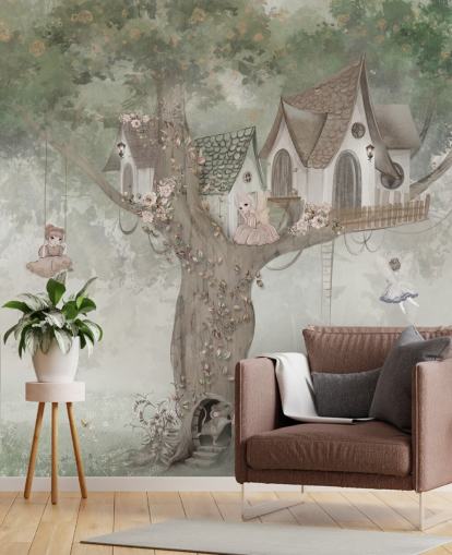 green kids fairy wallpaper mural called Treehouse Imagination by Ms. Tiff for nurseries and children's bedrooms green kids fairy wallpaper mural called Treehouse Imagination by Ms. Tiff for nurseries and children's bedrooms