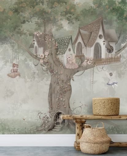 green kids fairy wallpaper mural called Treehouse Imagination by Ms. Tiff for nurseries and children's bedrooms green kids fairy wallpaper mural called Treehouse Imagination by Ms. Tiff for nurseries and children's bedrooms