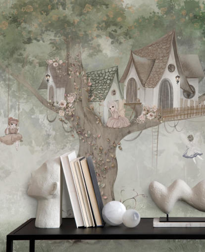 green kids fairy wallpaper mural called Treehouse Imagination by Ms. Tiff for nurseries and children's bedrooms