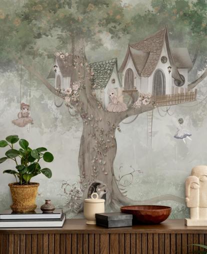 green kids fairy wallpaper mural called Treehouse Imagination by Ms. Tiff for nurseries and children's bedrooms green kids fairy wallpaper mural called Treehouse Imagination by Ms. Tiff for nurseries and children's bedrooms