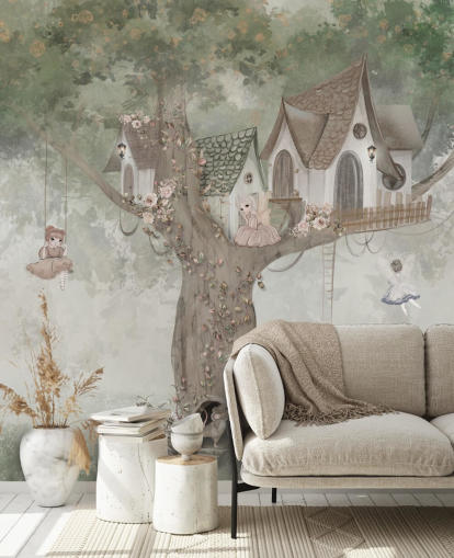 green kids fairy wallpaper mural called Treehouse Imagination by Ms. Tiff for nurseries and children's bedrooms