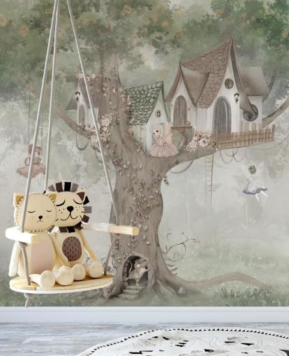grønne børnefe tapetmaleri kaldet Treehouse Imagination af fru Tiff til børnehaver og børns soveværelser