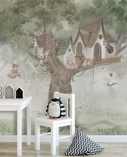 mural verde de hadas para niños llamado Treehouse Imagination de Ms. Tiff para guarderías y dormitorios infantiles