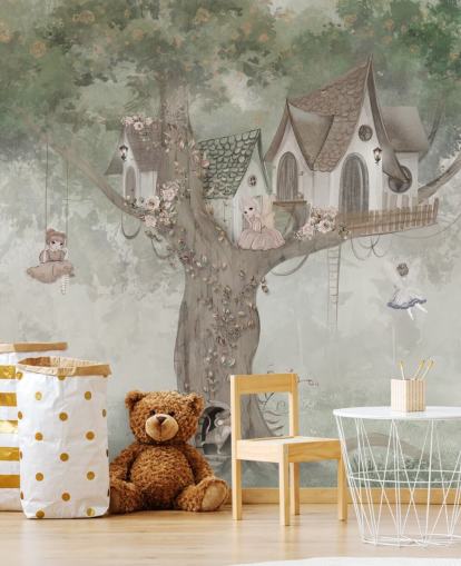 groene sprookjesachtige muurschildering voor kinderen genaamd Treehouse Imagination van Ms. Tiff voor kinderdagverblijven en kinderkamers groene sprookjesachtige muurschildering voor kinderen genaamd Treehouse Imagination van Ms. Tiff voor kinderdagverblijven en kinderkamers