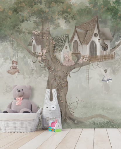 grüne Feentapete für Kinder namens Treehouse Imagination von Ms. Tiff für Kinder- und Kinderzimmer