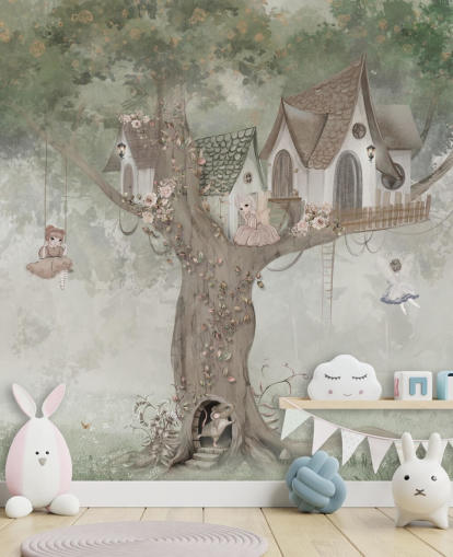 groene sprookjesachtige muurschildering voor kinderen genaamd Treehouse Imagination van Ms. Tiff voor kinderdagverblijven en kinderkamers