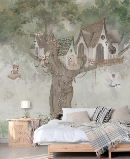 green kids fairy wallpaper mural called Treehouse Imagination by Ms. Tiff for nurseries and children's bedrooms