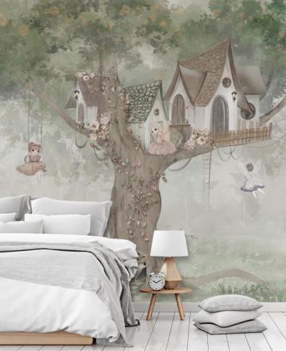 green kids fairy wallpaper mural called Treehouse Imagination by Ms. Tiff for nurseries and children's bedrooms