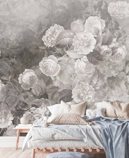 papier peint mural rose personnalisable en noir et blanc appelé A Kiss of Roses par Ms. Tiff pour les couloirs et les bureaux à domicile