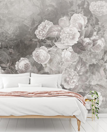 svart-hvitt tilpassbart rosa tapetveggmaleri kalt A Kiss of Roses av Ms. Tiff for ganger og hjemmekontorer svart-hvitt tilpassbart rosa tapetveggmaleri kalt A Kiss of Roses av Ms. Tiff for ganger og hjemmekontorer