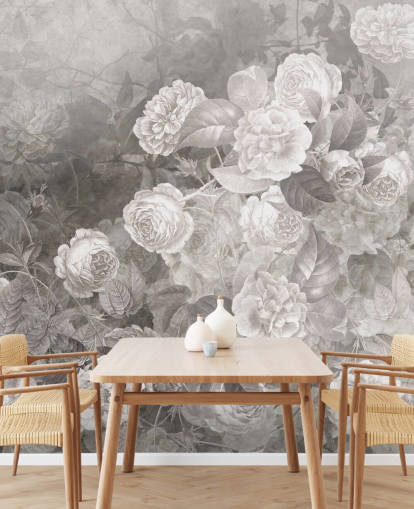 papier peint mural rose personnalisable en noir et blanc appelé A Kiss of Roses par Ms. Tiff pour les couloirs et les bureaux à domicile