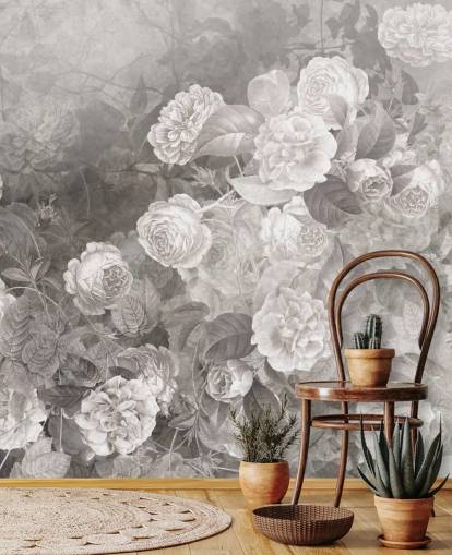 papier peint mural rose personnalisable en noir et blanc appelé A Kiss of Roses par Ms. Tiff pour les couloirs et les bureaux à domicile