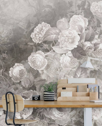 black and white customisable rose wallpaper mural called A Kiss of Roses by Ms. Tiff for hallways and home offices