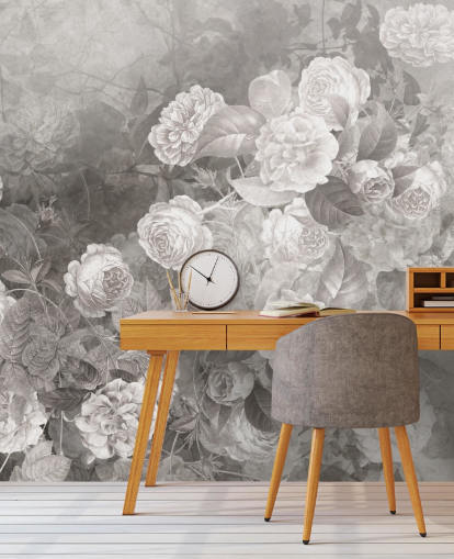 mural de papel de parede rosa personalizável em preto e branco chamado A Kiss of Roses da Sra. Tiff para corredores e escritórios domésticos mural de papel de parede rosa personalizável em preto e branco chamado A Kiss of Roses da Sra. Tiff para corredores e escritórios domésticos