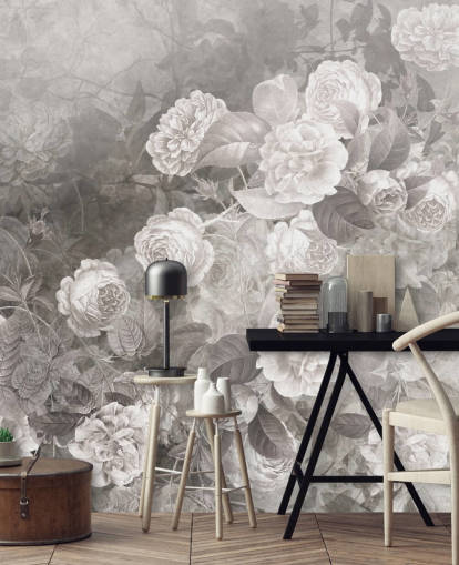 papier peint mural rose personnalisable en noir et blanc appelé A Kiss of Roses par Ms. Tiff pour les couloirs et les bureaux à domicile