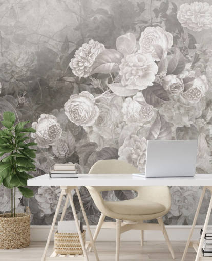 mural de papel pintado de rosas personalizable en blanco y negro llamado A Kiss of Roses de Ms. Tiff para pasillos y oficinas en casa