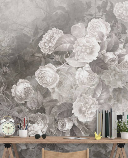 black and white customisable rose wallpaper mural called A Kiss of Roses by Ms. Tiff for hallways and home offices