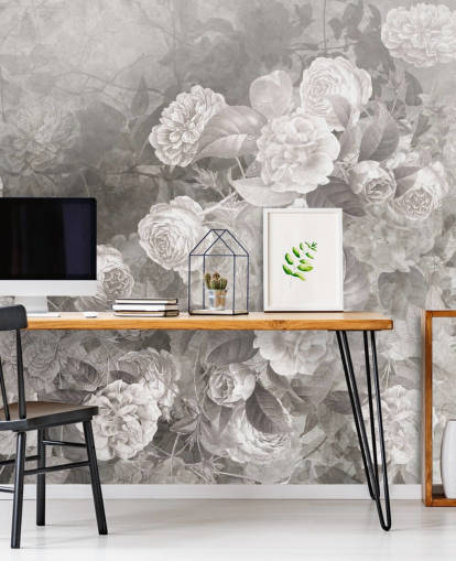 mural de papel de parede rosa personalizável em preto e branco chamado A Kiss of Roses da Sra. Tiff para corredores e escritórios domésticos mural de papel de parede rosa personalizável em preto e branco chamado A Kiss of Roses da Sra. Tiff para corredores e escritórios domésticos