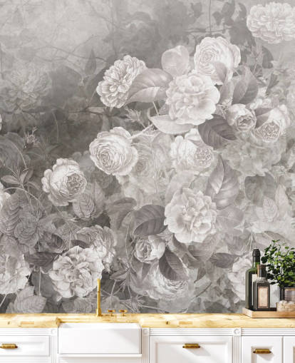 mural de papel pintado de rosas personalizable en blanco y negro llamado A Kiss of Roses de Ms. Tiff para pasillos y oficinas en casa