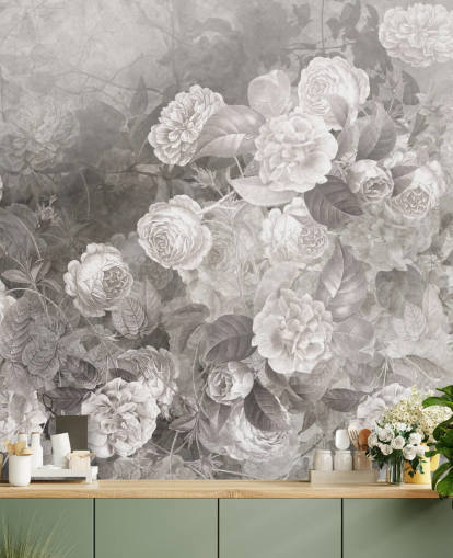 black and white customisable rose wallpaper mural called A Kiss of Roses by Ms. Tiff for hallways and home offices