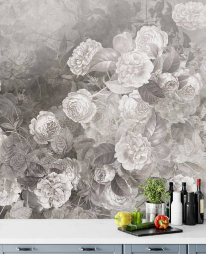 papier peint mural rose personnalisable en noir et blanc appelé A Kiss of Roses par Ms. Tiff pour les couloirs et les bureaux à domicile papier peint mural rose personnalisable en noir et blanc appelé A Kiss of Roses par Ms. Tiff pour les couloirs et les bureaux à domicile