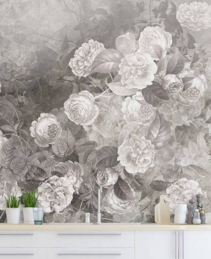 mural de papel pintado de rosas personalizable en blanco y negro llamado A Kiss of Roses de Ms. Tiff para pasillos y oficinas en casa