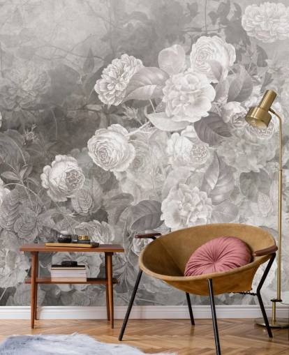 black and white customisable rose wallpaper mural called A Kiss of Roses by Ms. Tiff for hallways and home offices