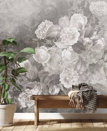 papier peint mural rose personnalisable en noir et blanc appelé A Kiss of Roses par Ms. Tiff pour les couloirs et les bureaux à domicile