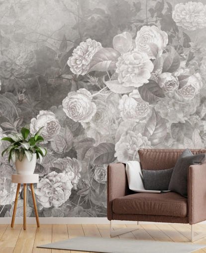 black and white customisable rose wallpaper mural called A Kiss of Roses by Ms. Tiff for hallways and home offices