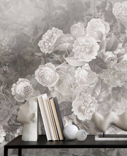 black and white customisable rose wallpaper mural called A Kiss of Roses by Ms. Tiff for hallways and home offices