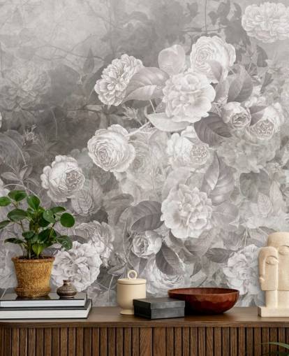 black and white customizable rose wallpaper mural called A Kiss of Roses by Ms. Tiff for hallways and home offices