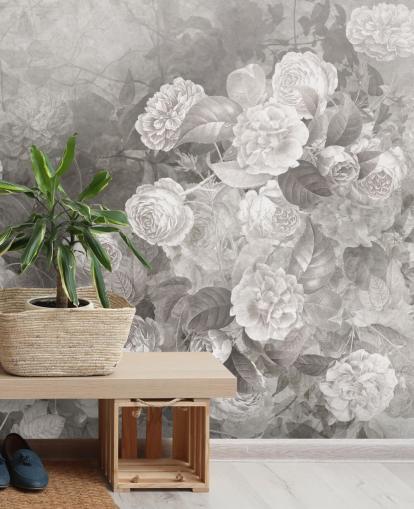 mural de papel de parede rosa personalizável em preto e branco chamado A Kiss of Roses da Sra. Tiff para corredores e escritórios domésticos