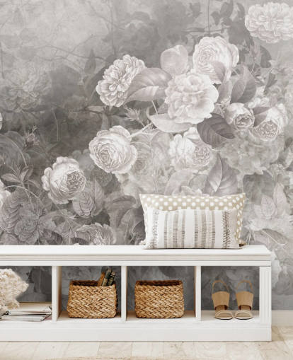 black and white customizable rose wallpaper mural called A Kiss of Roses by Ms. Tiff for hallways and home offices
