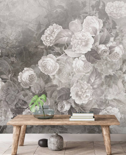 sort/hvidt tilpassbart rose tapetmaleri kaldet A Kiss of Roses af Ms. Tiff til gange og hjemmekontorer sort/hvidt tilpassbart rose tapetmaleri kaldet A Kiss of Roses af Ms. Tiff til gange og hjemmekontorer