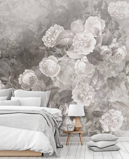 black and white customisable rose wallpaper mural called A Kiss of Roses by Ms. Tiff for hallways and home offices