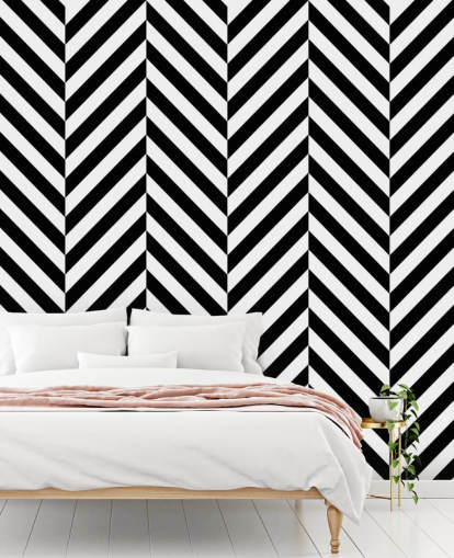svart-hvitt tilpassbart chevron tapet veggmaleri kalt Black and White Herringbone