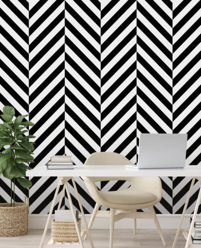 svart-hvitt tilpassbart chevron tapet veggmaleri kalt Black and White Herringbone