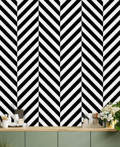 mural de papel pintado en forma de galón personalizable en blanco y negro llamado Black and White Herringbone mural de papel pintado en forma de galón personalizable en blanco y negro llamado Black and White Herringbone