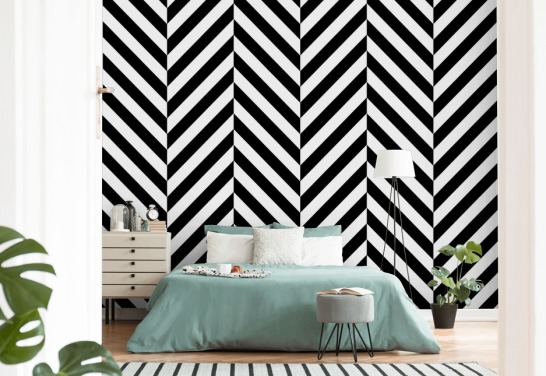 mural de papel pintado en forma de galón personalizable en blanco y negro llamado Black and White Herringbone