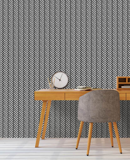 papier peint mural à chevrons personnalisable gris et blanc appelé Grey Herringbone pour les chambres et les bureaux à domicile