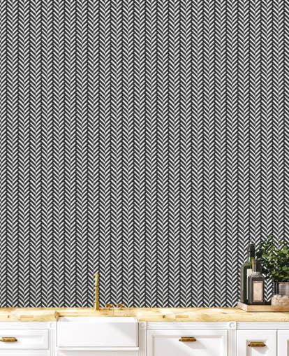 grått og hvitt tilpassbart sildebein tapetmaleri kalt Grey Herringbone for soverom og hjemmekontorer